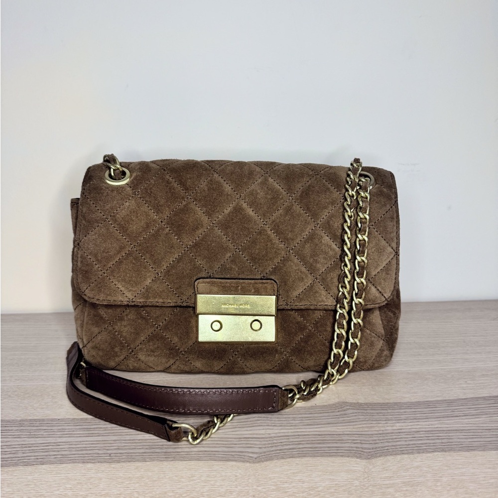 Michael Kors Quilted Suede Shoulder Bag in Brown with Gold Hardware